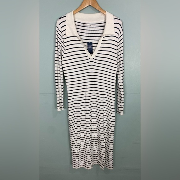 Abercrombie & Fitch Striped Blue White Collared Long Sleeve Midi Dress XL - Picture 2 of 9